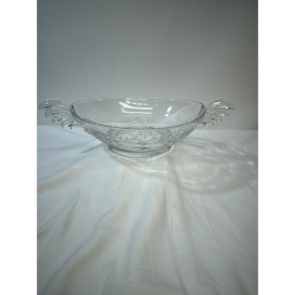 Fostoria‎ Baroque Style Corsage Etched 11"'handled Elegant MCM Glass Bowl